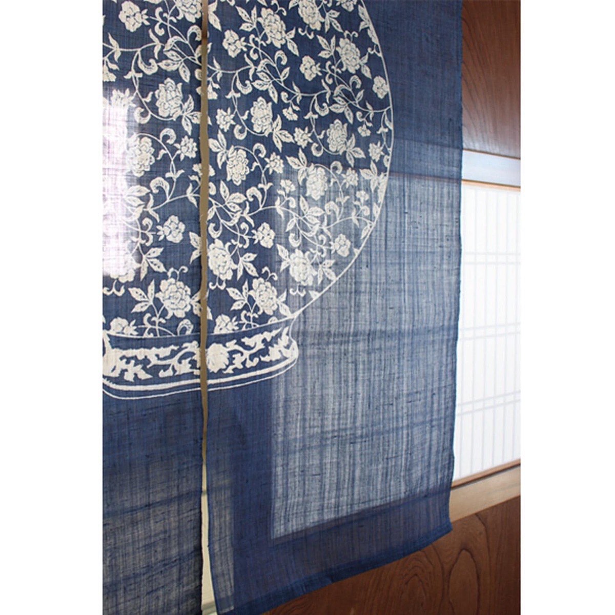 Japanese Linen Noren Curtain, Indigo Jar Motif, Hand-Dyed Textile Divider — view 8