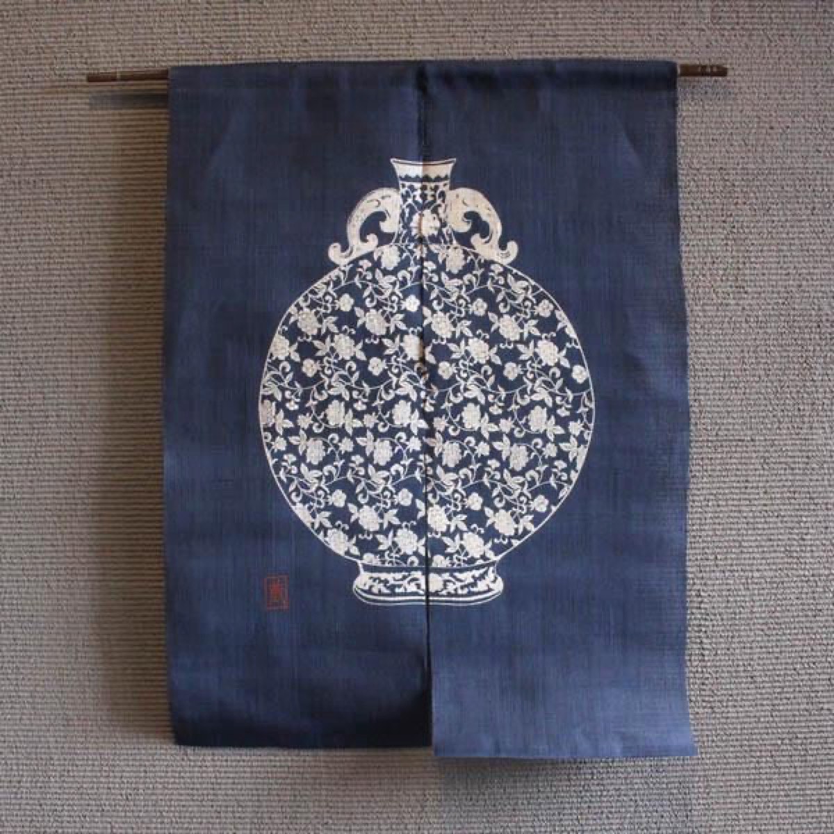 Japanese Linen Noren Curtain, Indigo Jar Motif, Hand-Dyed Textile Divider — view 9