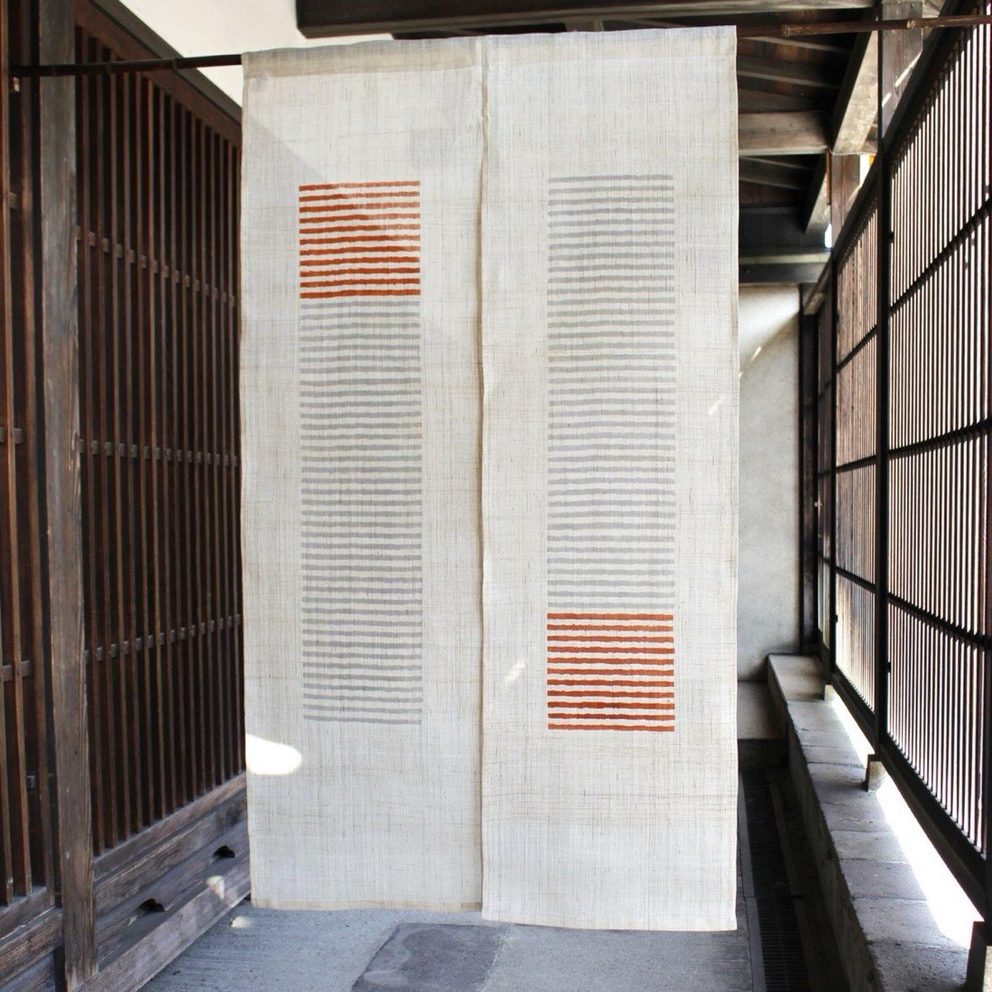 Japanese Linen Noren Curtain, Modern Orange Gray Stripe, 33.1 x 59.1 in — view 10