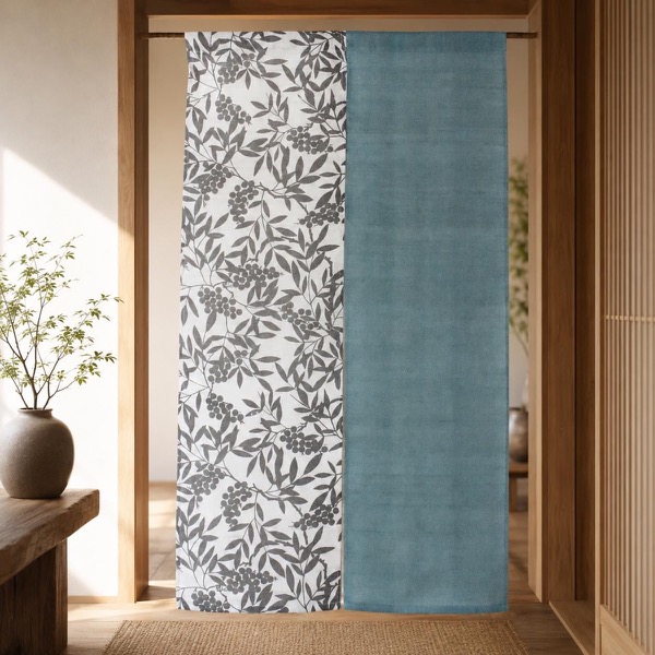 Japanese Linen Noren Curtain, Nanten Motif, Mountain Indigo, 33.1 x 59.1 in