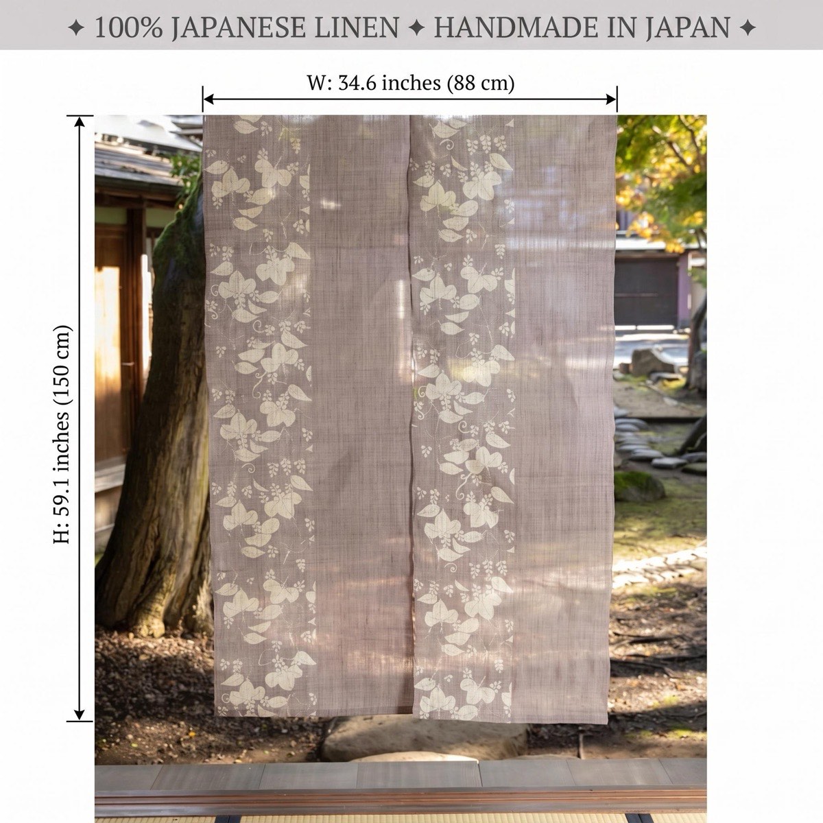 Japanese Linen Noren Curtain, Paulownia Pattern, Shiso Gray, 100% Linen, Made in Japan — view 3