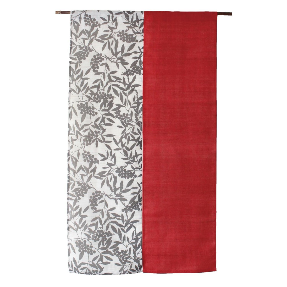 Japanese Linen Noren Curtain, Red Nanten Motif, Handwoven Iono Fabric, 33.1 x 59.1 in — view 1