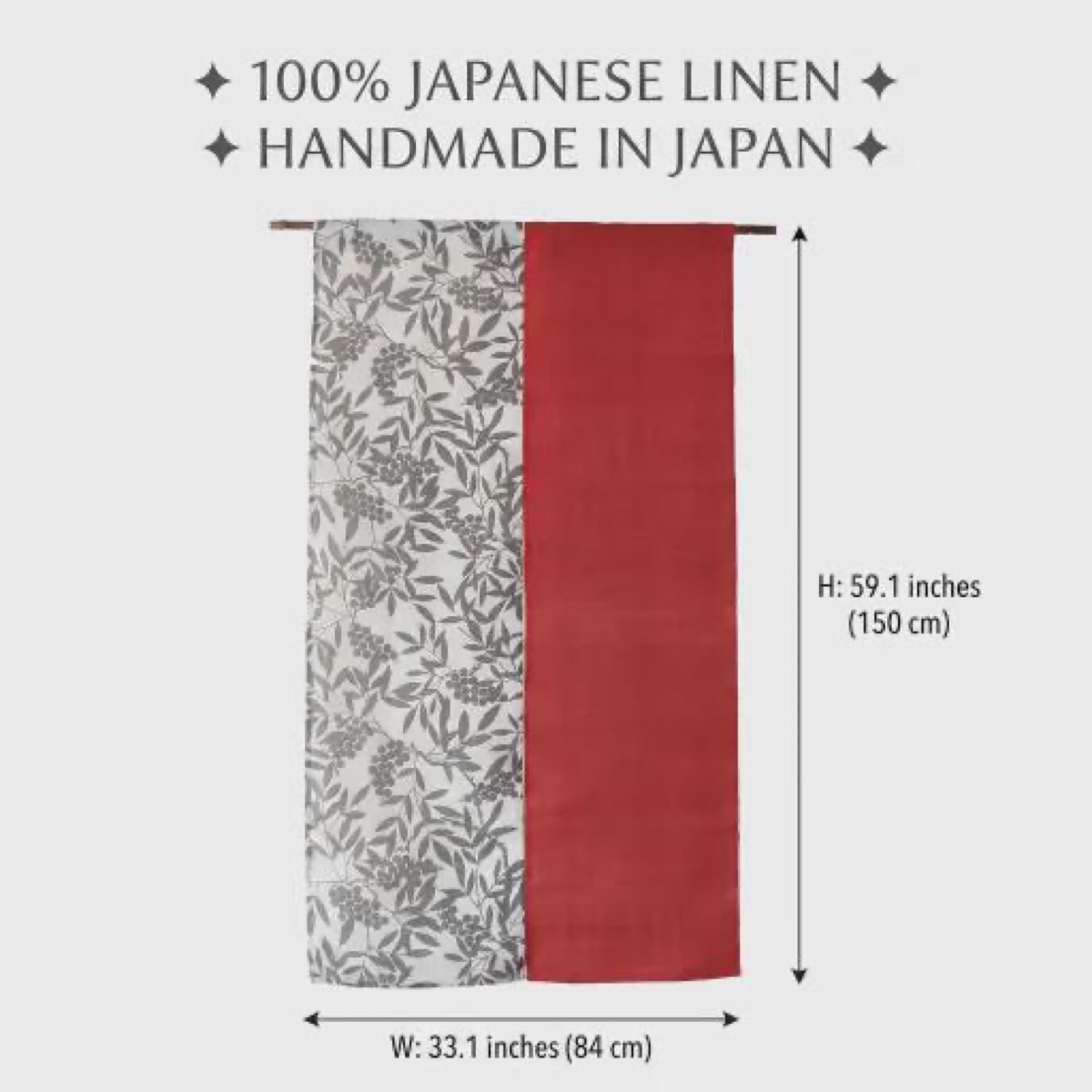 Japanese Linen Noren Curtain, Red Nanten Motif, Handwoven Iono Fabric, 33.1 x 59.1 in — view 4