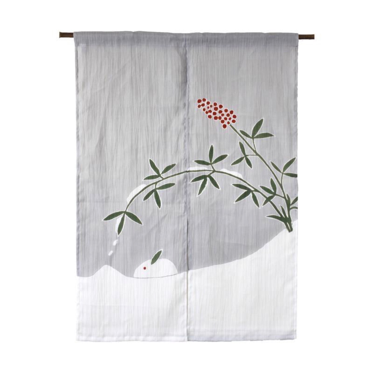 Japanese Linen Noren Curtain, Snow Rabbit Motif, Pine Soot Gray, Chijimi Cloth