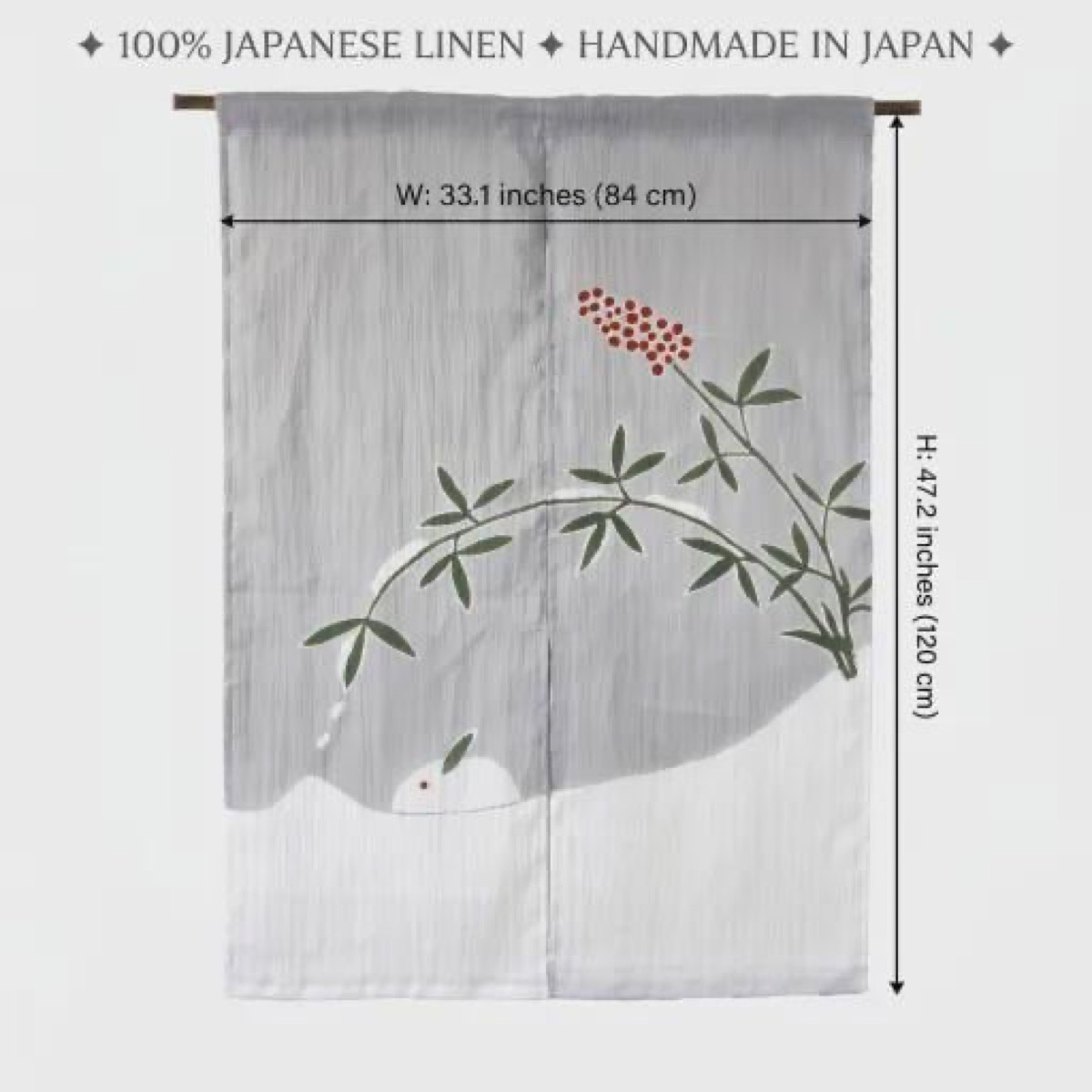 Japanese Linen Noren Curtain, Snow Rabbit Motif, Pine Soot Gray, Chijimi Cloth — view 3