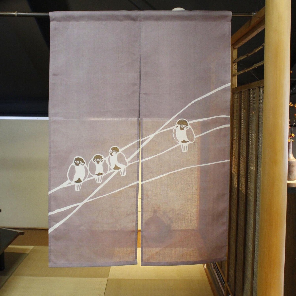 Japanese Linen Noren Curtain, Sparrow Motif, Shiso Gray, 33.1 x 47.2 in — view 10
