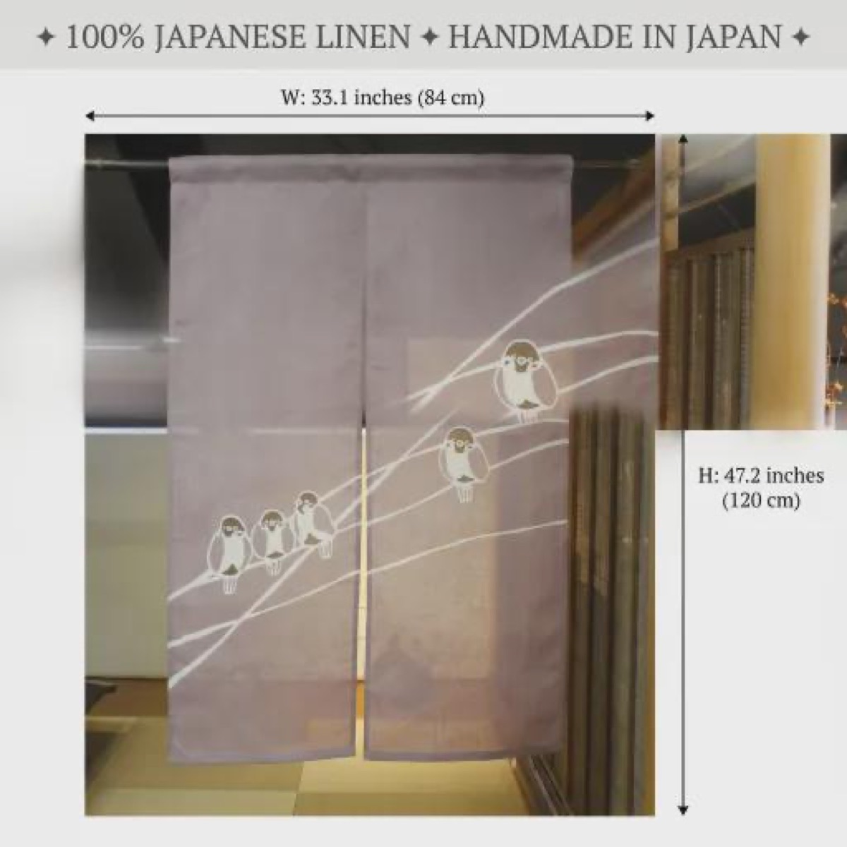 Japanese Linen Noren Curtain, Sparrow Motif, Shiso Gray, 33.1 x 47.2 in — view 3
