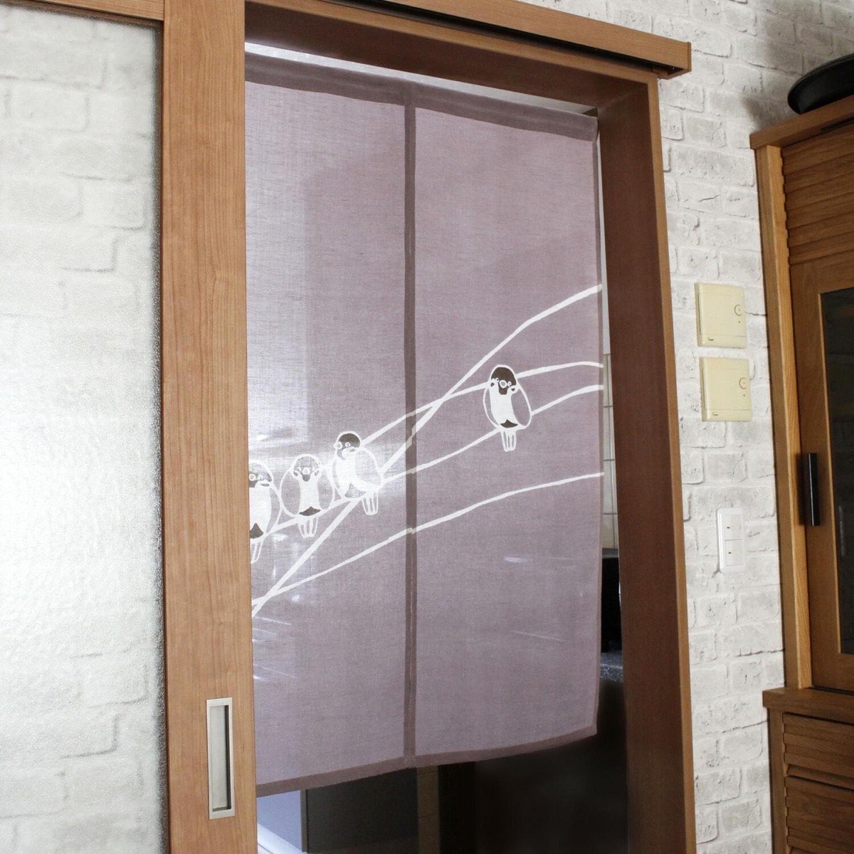Japanese Linen Noren Curtain, Sparrow Motif, Shiso Gray, 33.1 x 47.2 in — view 9