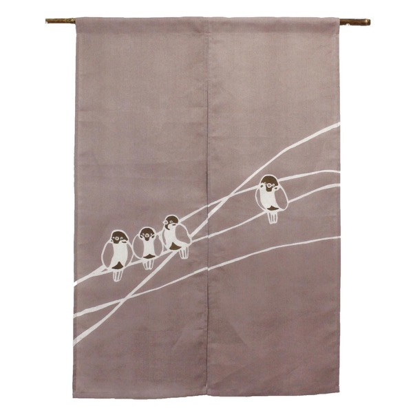Japanese Linen Noren Curtain, Sparrow Motif, Shiso Gray, 33.1 x 47.2 in