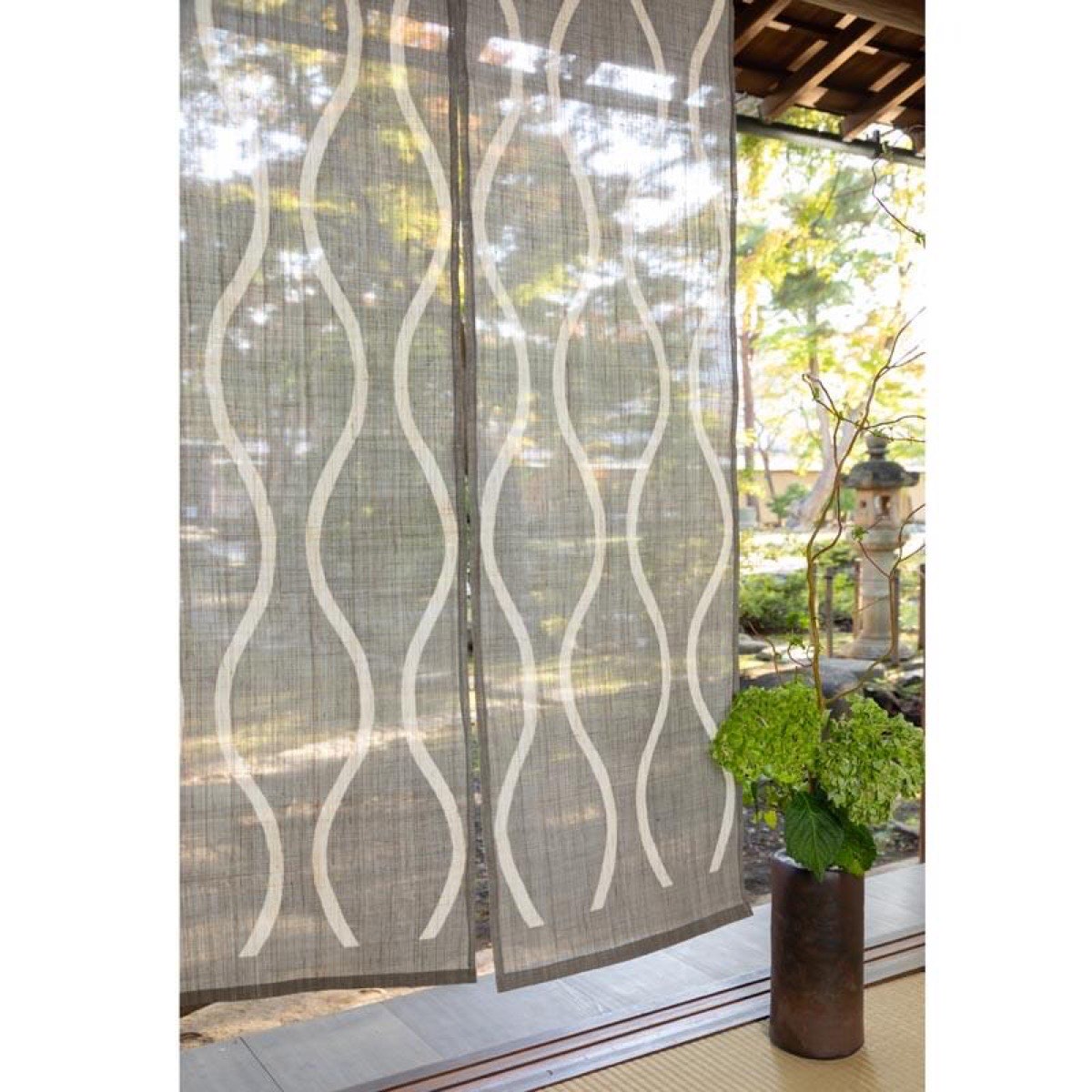Japanese Linen Noren Curtain, Tatewaku Wave Motif, Pine Soot Gray, 33.1 x 59.1 in — view 5