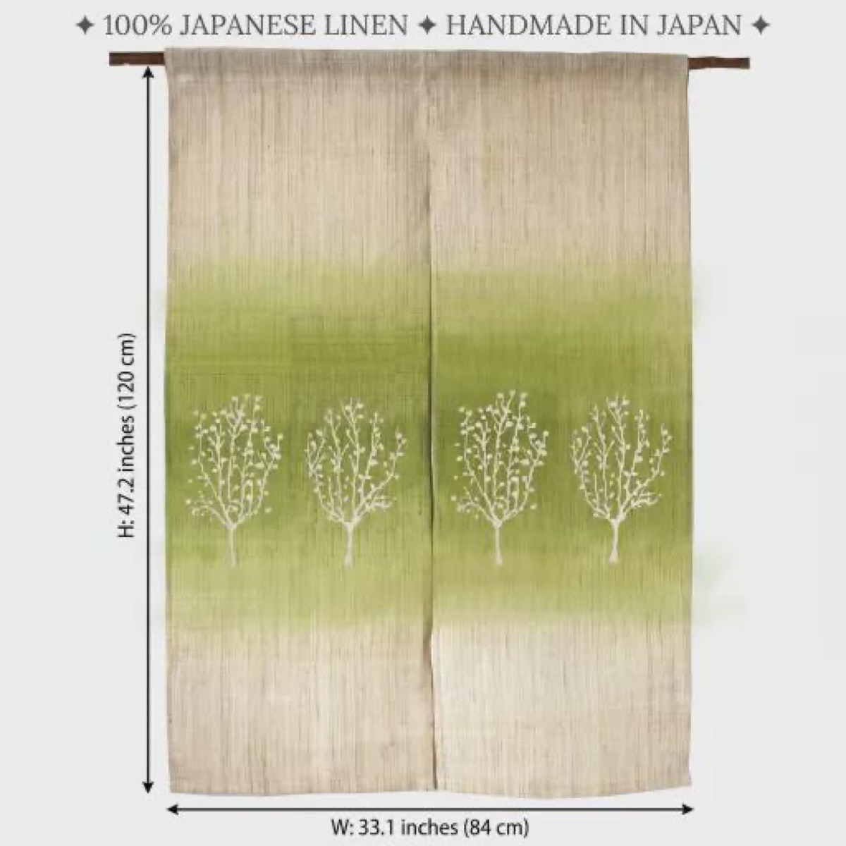 Japanese Linen Noren Curtain, Tree Motif, Green Gradient, 33.1 x 47.2 in — view 3