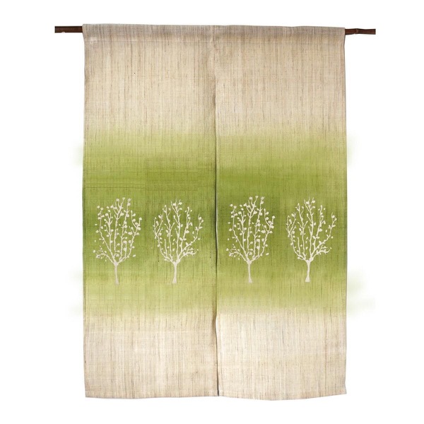 Japanese Linen Noren Curtain, Tree Motif, Green Gradient, 33.1 x 47.2 in