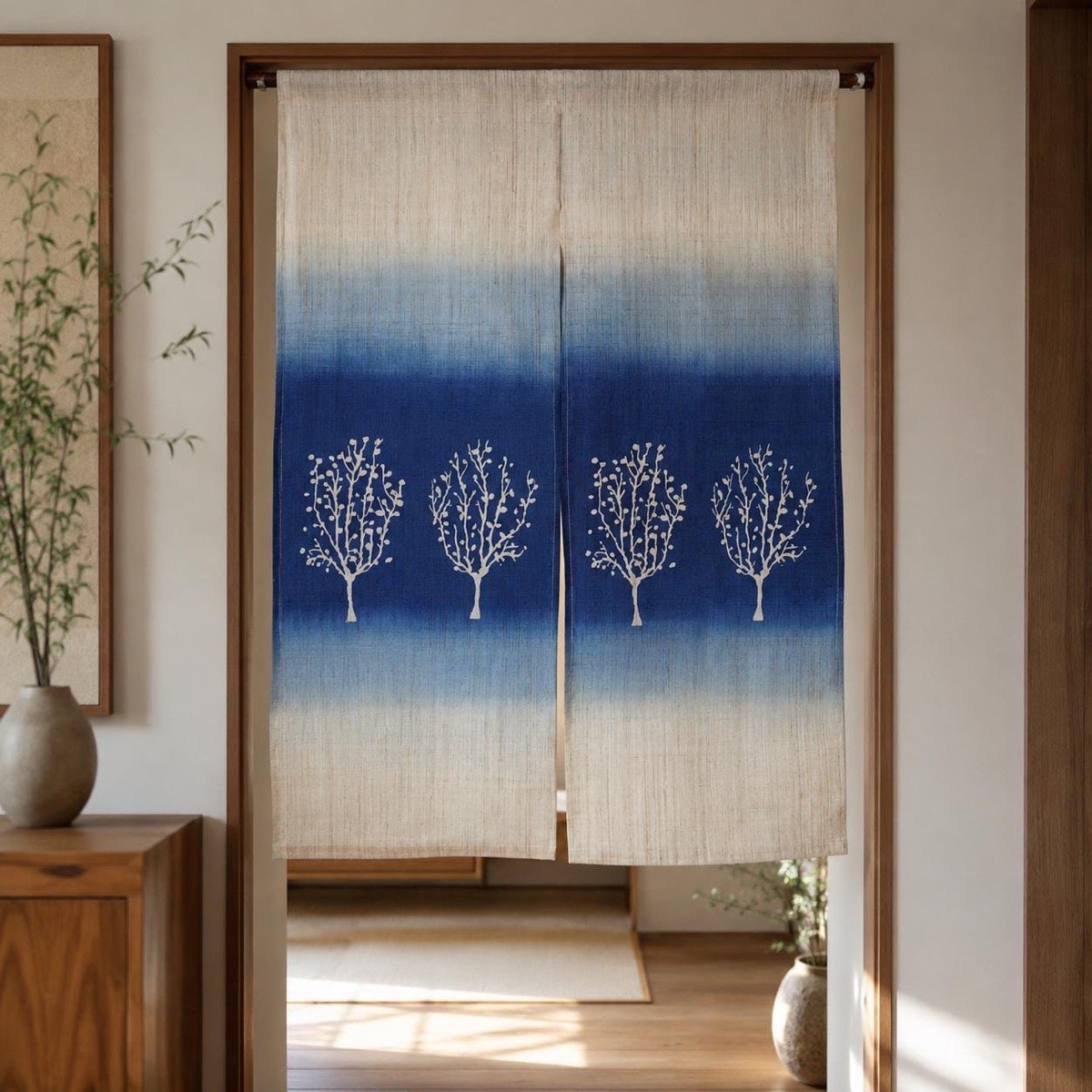 Japanese Linen Noren Curtain, Tree Motif, Indigo Gradient, 33.1 x 47.2 in