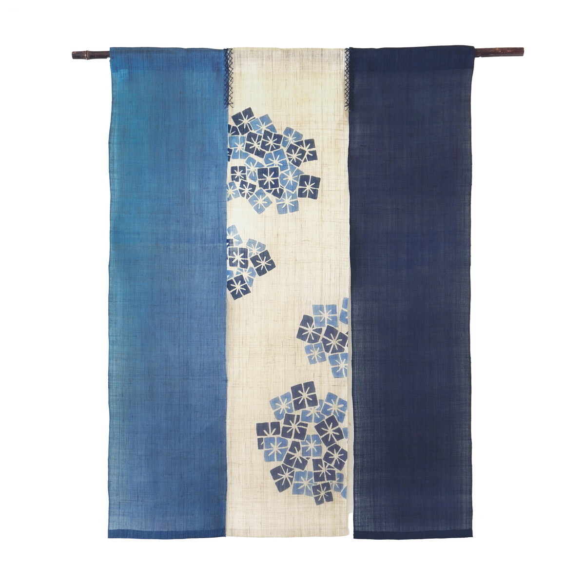 Japanese Linen Noren Curtain, Triple Panel, Hydrangea, Indigo & Sky Blue, 35.4 x 47.2 in, Handwoven Ramie, Made in Japan