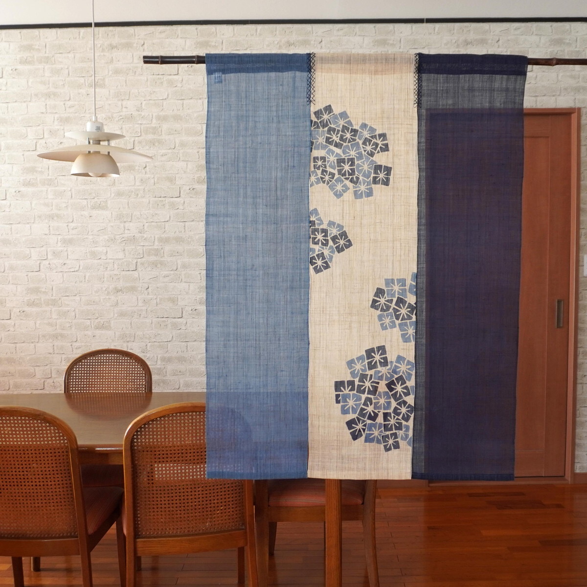 Japanese Linen Noren Curtain, Triple Panel, Hydrangea, Indigo & Sky Blue, 35.4 x 47.2 in, Handwoven Ramie, Made in Japan — view 6