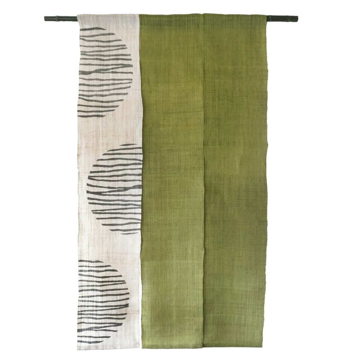 Japanese Linen Noren Curtain, Triple Panel, Kasumi Arc Pattern, Rikyu Green, 33.1 x 59.1 in, Handwoven Ramie, Made in Japan — view 1