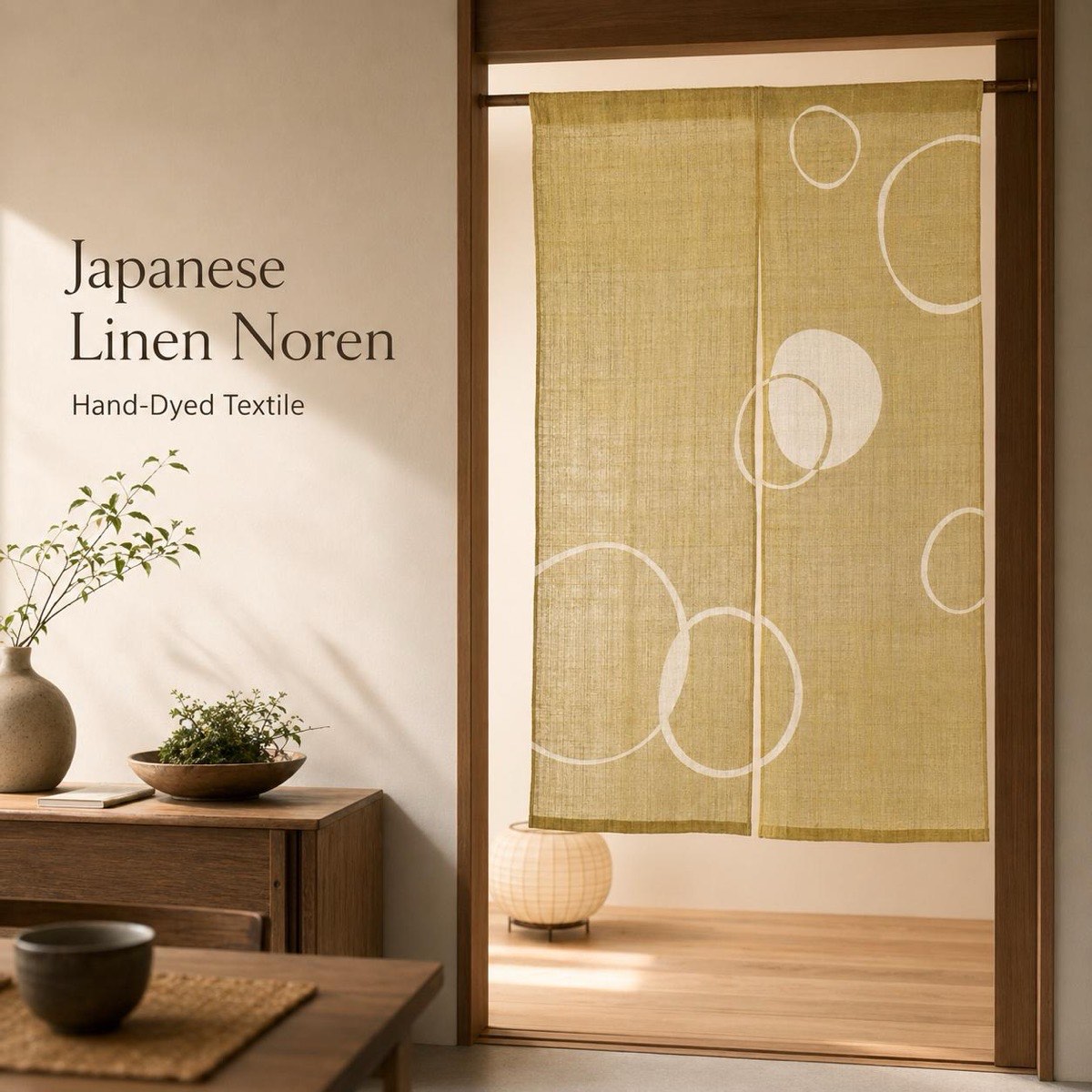 Japanese Linen Noren Curtain, Wa Circle Pattern, Rapeseed Yellow, 33.1 x 47.2 in — view 10