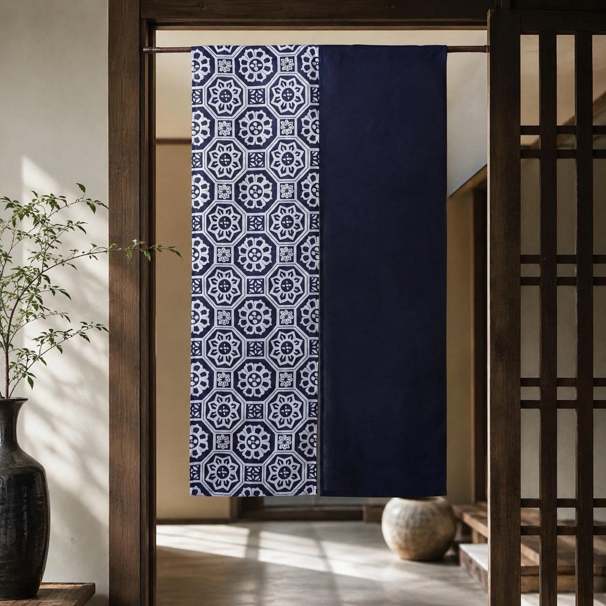 Japanese Linen Noren Door Curtain, Indigo Geometric Pattern, 33.1 x 59.1 in — view 1