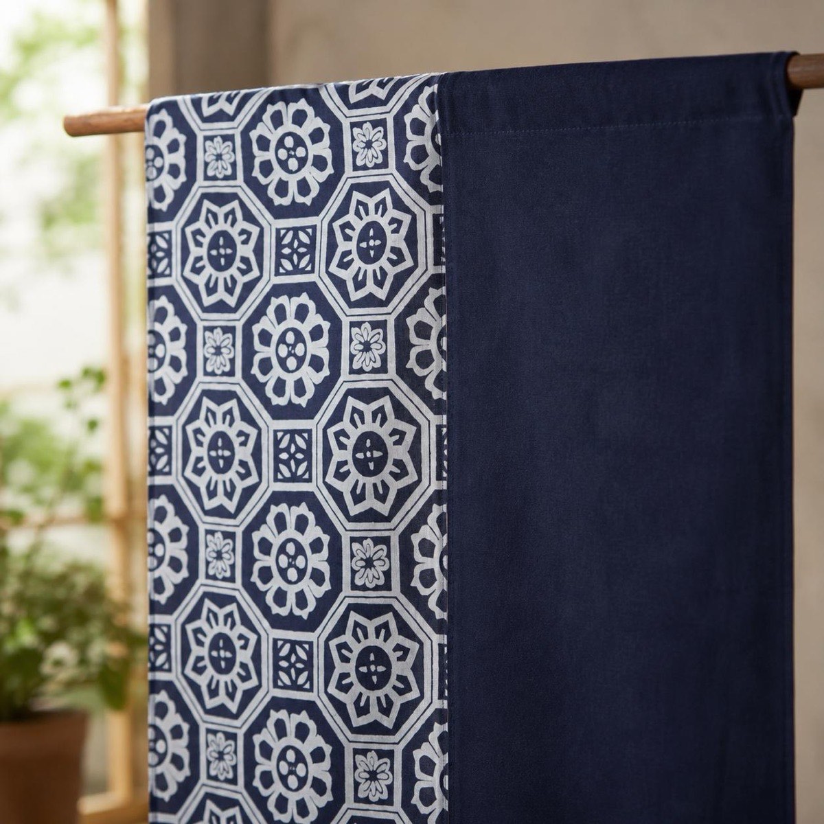 Japanese Linen Noren Door Curtain, Indigo Geometric Pattern, 33.1 x 59.1 in — view 10