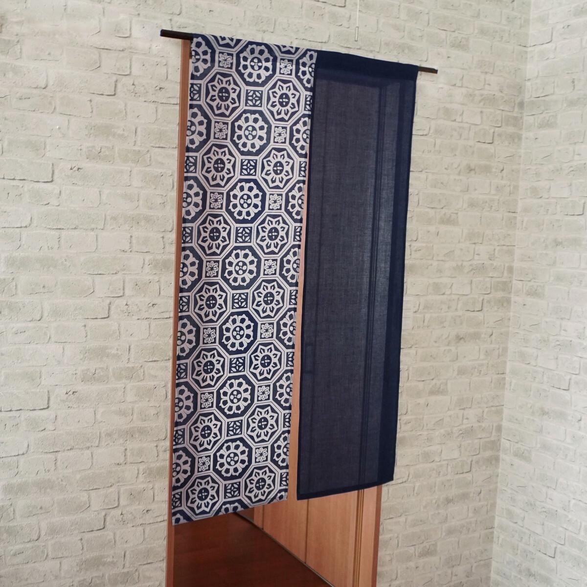 Japanese Linen Noren Door Curtain, Indigo Geometric Pattern, 33.1 x 59.1 in — view 3