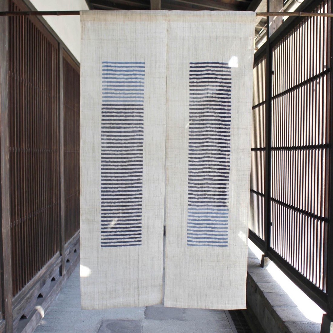 Japanese Linen Noren Door Curtain, Modern Indigo Stripe Design, 33.1 x 59.1 in — view 2