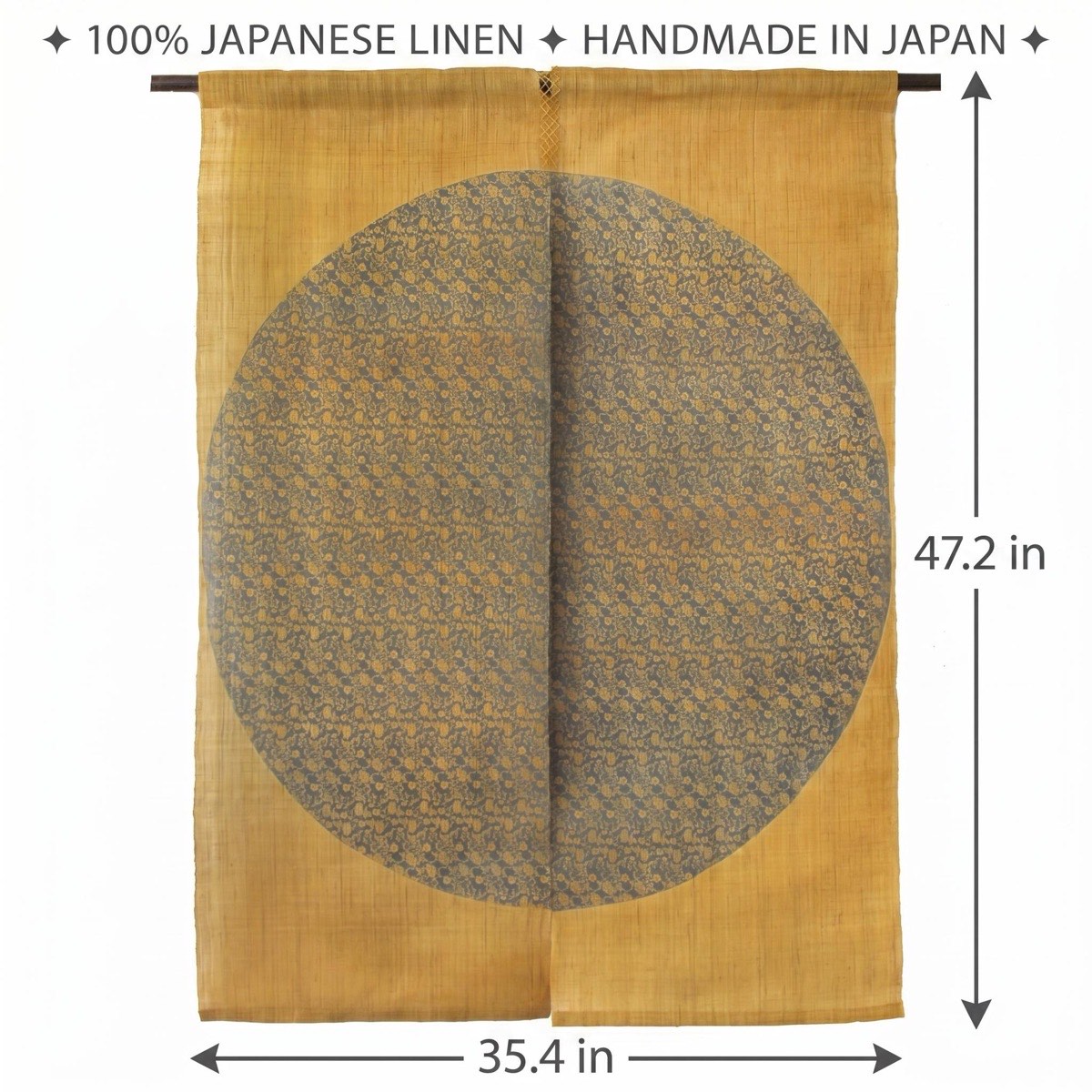 Japanese Linen Noren Door Curtain, Mustard Arabesque Pattern, 35.4 x 47.2 in — view 3