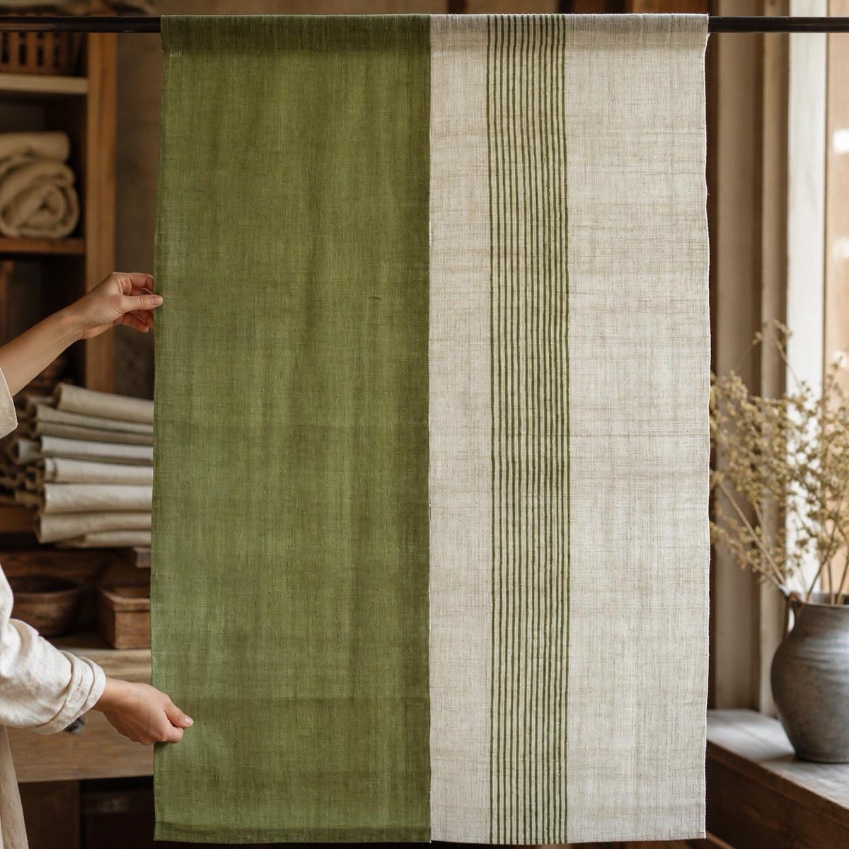 Japanese Linen Noren Door Curtain, Rikyu Green, Thirteen-Line Pattern, 34.6 x 59.1 in — view 10