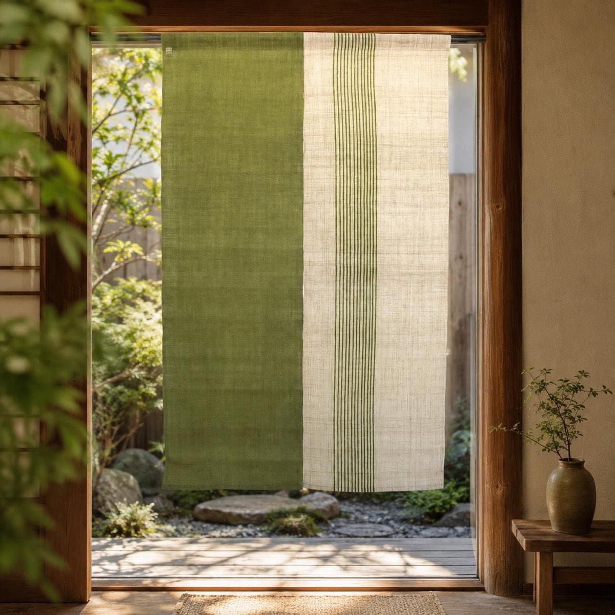 Japanese Linen Noren Door Curtain, Rikyu Green, Thirteen-Line Pattern, 34.6 x 59.1 in — view 8