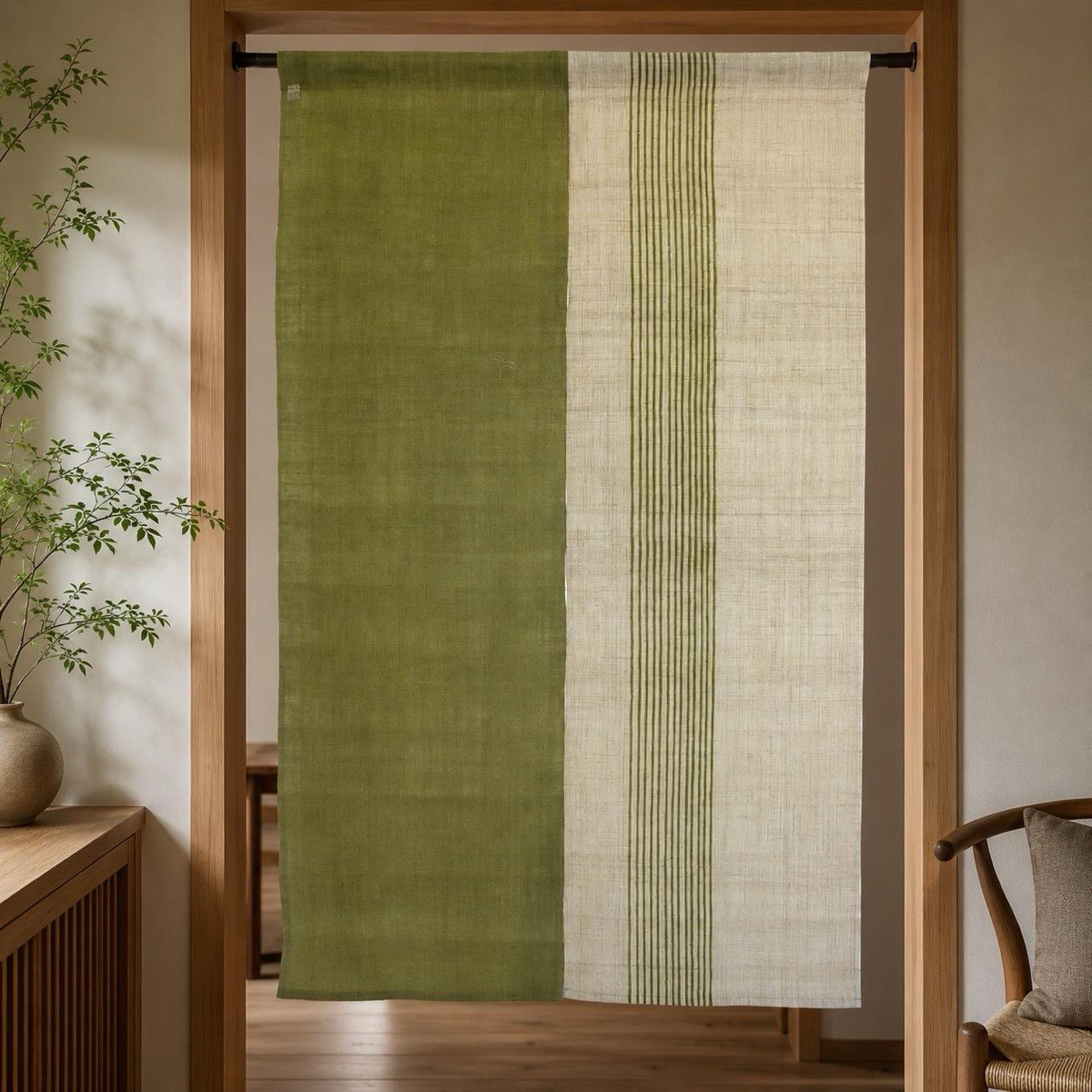 Japanese Linen Noren Door Curtain, Rikyu Green, Thirteen-Line Pattern, 34.6 x 59.1 in — view 9