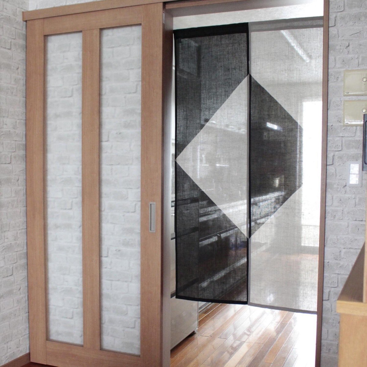 Japanese Linen Noren Door Curtain, Square Motif, Pine Soot Gradient (33.1 x 59.1 in) — view 2