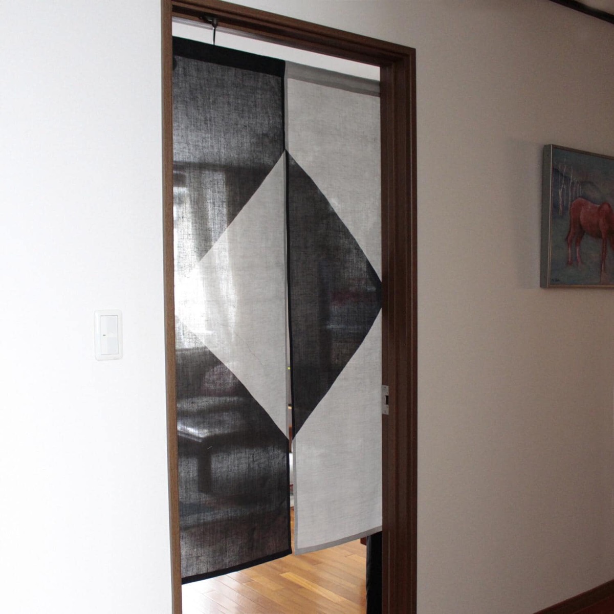 Japanese Linen Noren Door Curtain, Square Motif, Pine Soot Gradient (33.1 x 59.1 in) — view 8