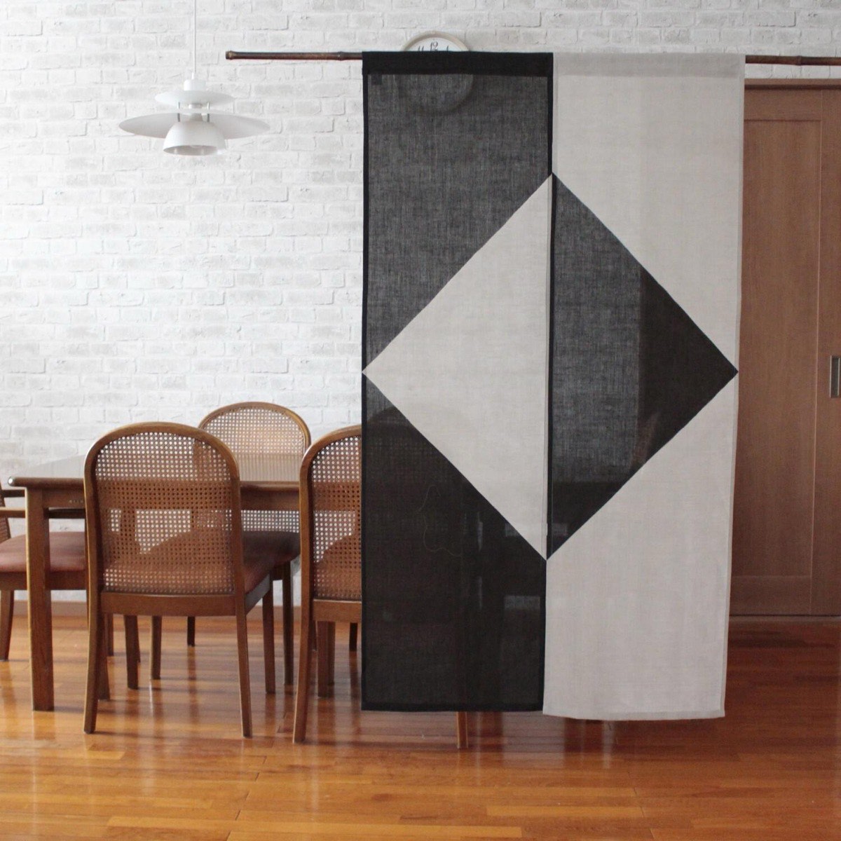 Japanese Linen Noren Door Curtain, Square Motif, Pine Soot Gradient (33.1 x 59.1 in) — view 9