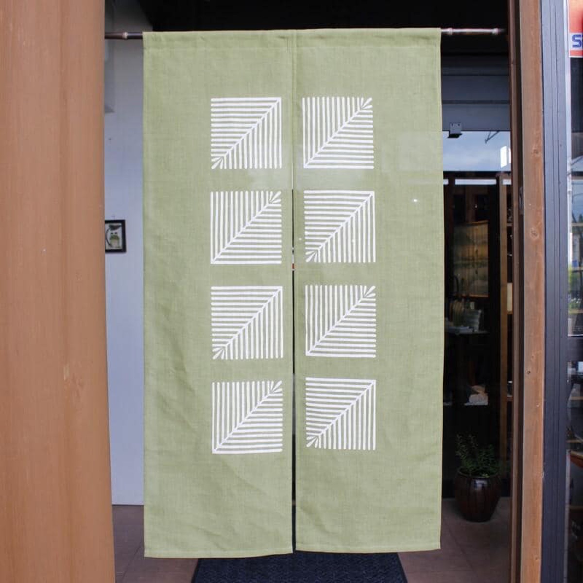 Japanese Linen Noren Door Curtain, Young Pine Motif, Rikyu Green (Made in Japan) — view 2