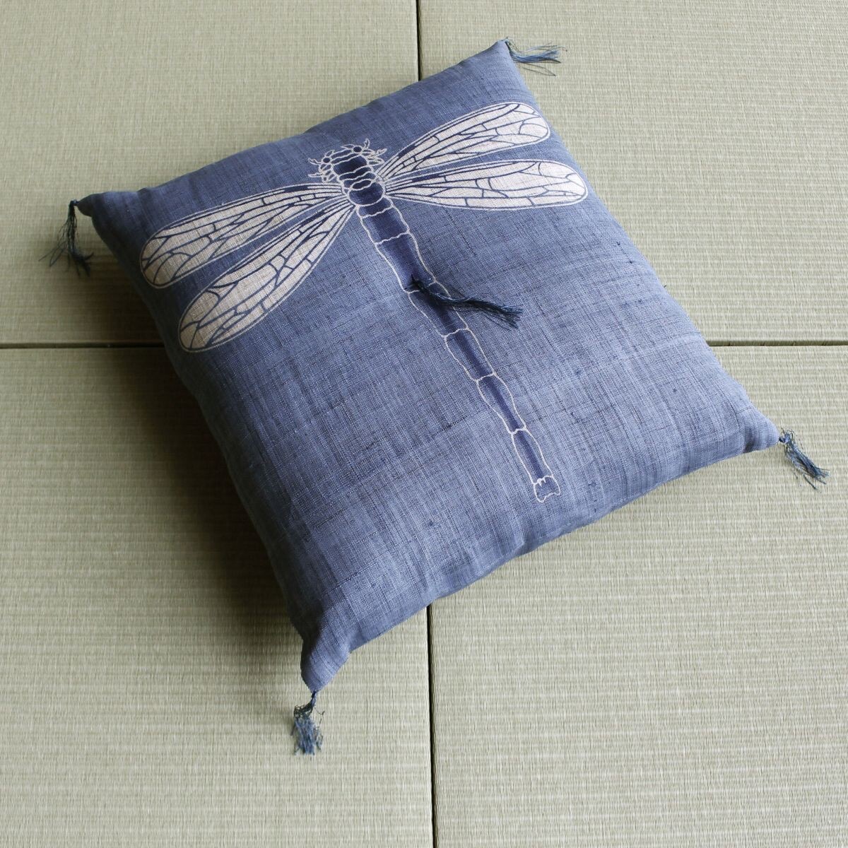 Japanese Linen Tea Cushion (Zabuton), Dragonfly Motif, Hanada Blue, 16.5 x 17.7 in, Hand-Dyed, Made in Japan — view 1