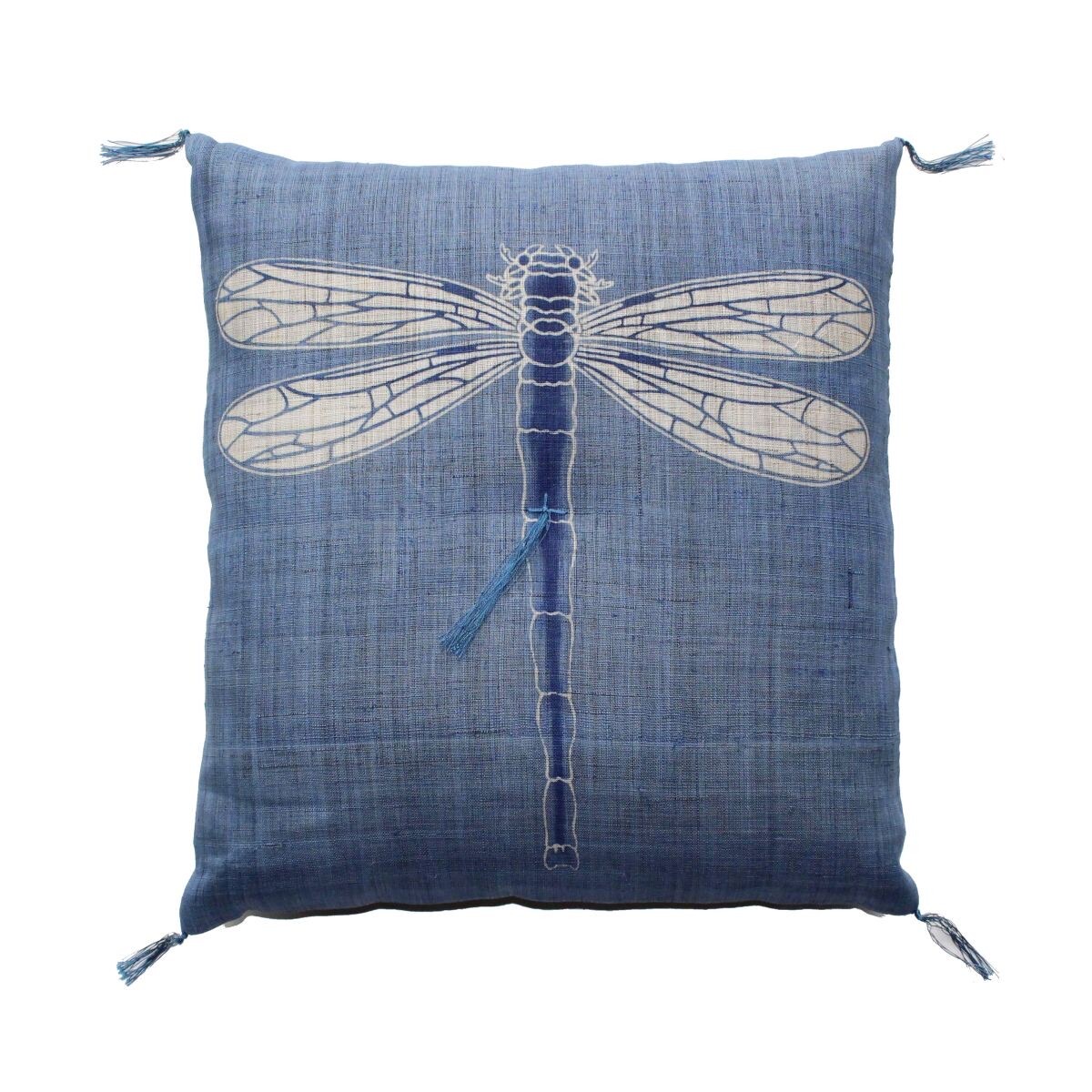 Japanese Linen Tea Cushion (Zabuton), Dragonfly Motif, Hanada Blue, 16.5 x 17.7 in, Hand-Dyed, Made in Japan — view 2