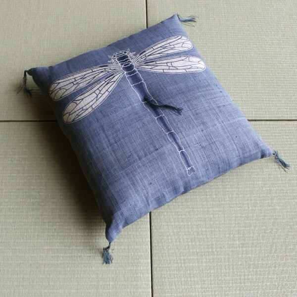 Japanese Linen Tea Cushion (Zabuton), Dragonfly Motif, Hanada Blue, 16.5 x 17.7 in, Hand-Dyed, Made in Japan