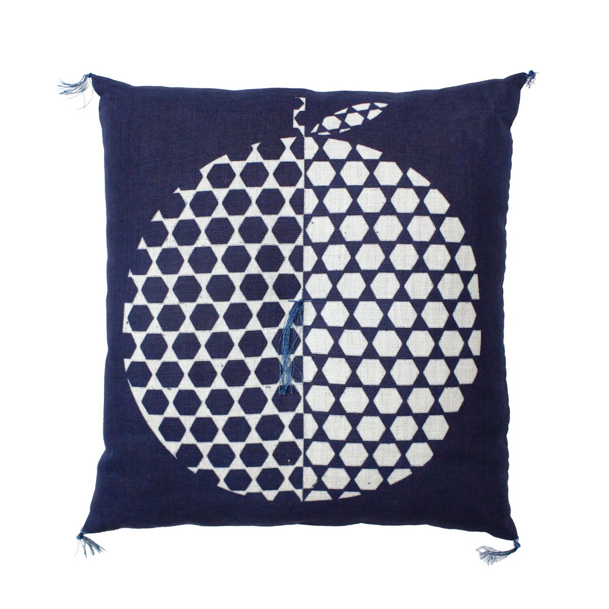 Japanese Linen Tea Cushion (Zabuton), Ihira Weave, Tortoiseshell Apple Motif, Indigo, 16.5 x 17.7 in, Made in Japan — view 1