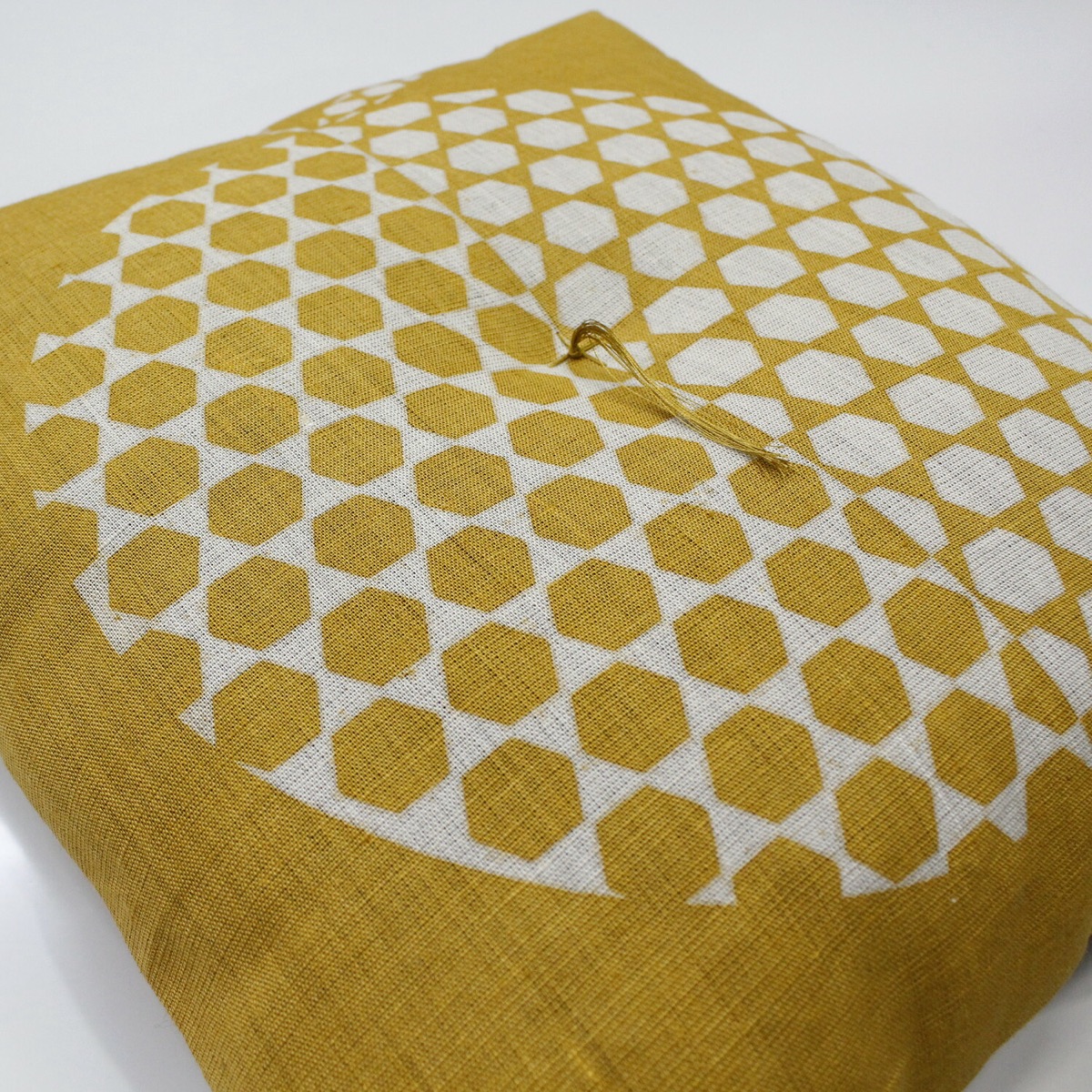 Japanese Linen Tea Cushion (Zabuton), Ihira Weave, Tortoiseshell Apple Motif, Mustard, 16.5 x 17.7 in, Made in Japan — view 3