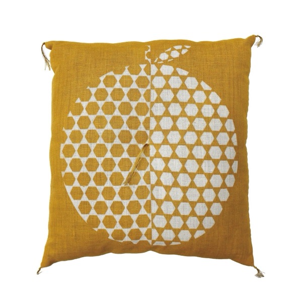 Japanese Linen Tea Cushion (Zabuton), Ihira Weave, Tortoiseshell Apple Motif, Mustard, 16.5 x 17.7 in, Made in Japan