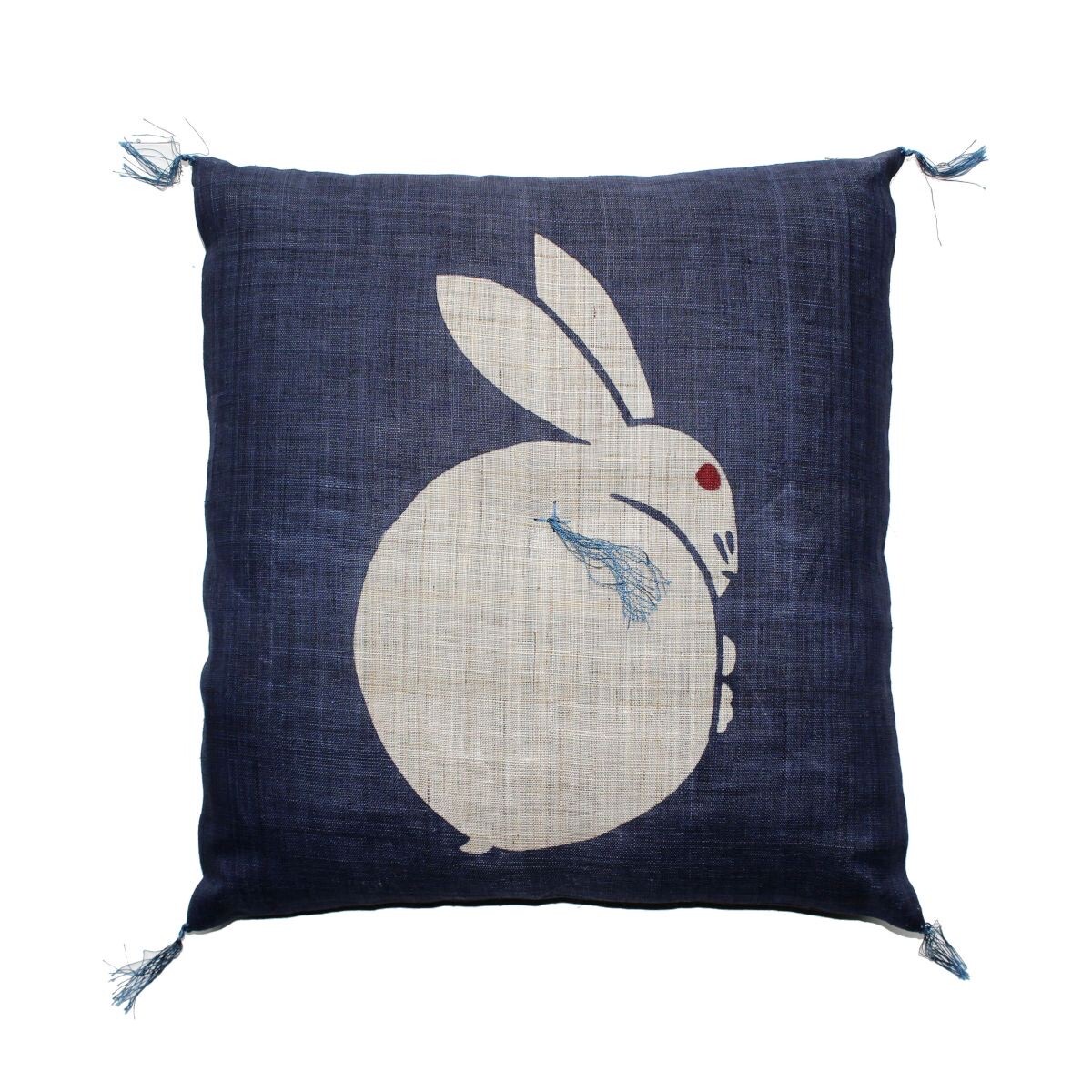 Japanese Linen Tea Cushion (Zabuton), Rabbit Motif, Indigo, 16.5 x 17.7 in, Hand-Dyed, Made in Japan — view 2