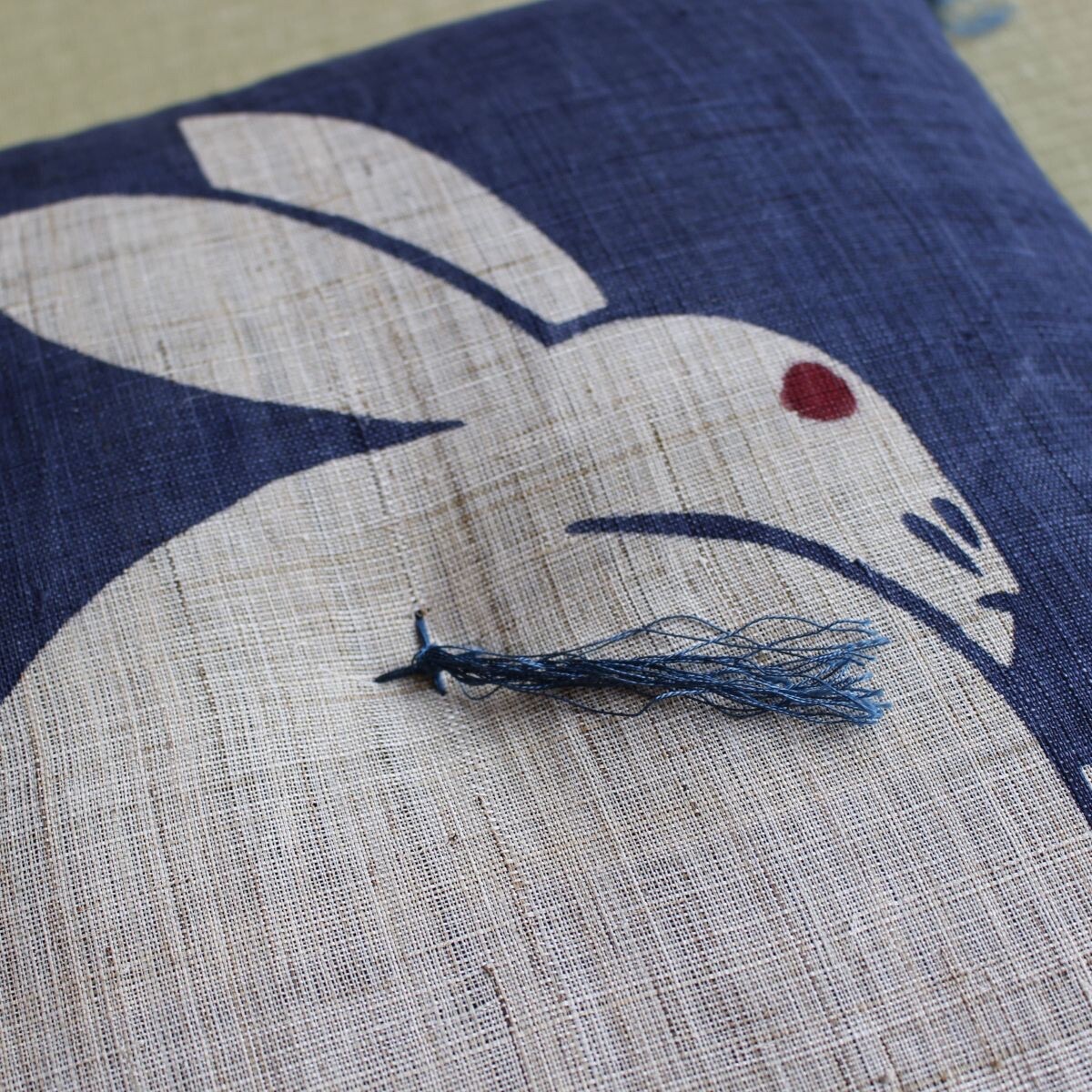 Japanese Linen Tea Cushion (Zabuton), Rabbit Motif, Indigo, 16.5 x 17.7 in, Hand-Dyed, Made in Japan — view 8