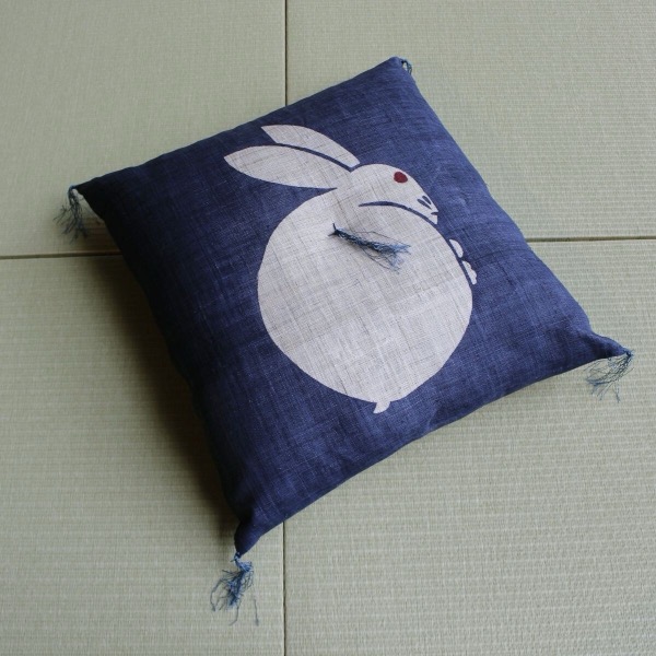 Japanese Linen Tea Cushion (Zabuton), Rabbit Motif, Indigo, 16.5 x 17.7 in, Hand-Dyed, Made in Japan