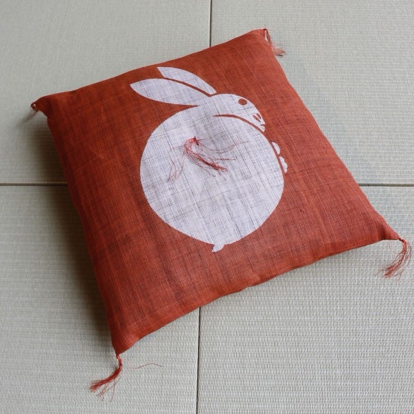 Japanese Linen Tea Cushion (Zabuton), Rabbit Motif, Orange, 16.5 x 17.7 in, Hand-Dyed, Made in Japan