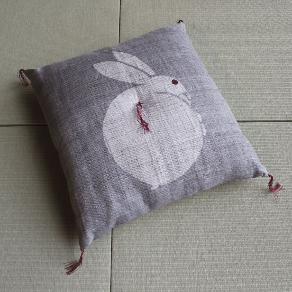 Japanese Linen Tea Cushion (Zabuton), Rabbit Motif, Pine-Soot Charcoal, 16.5 x 17.7 in, Hand-Dyed, Made in Japan — view 1