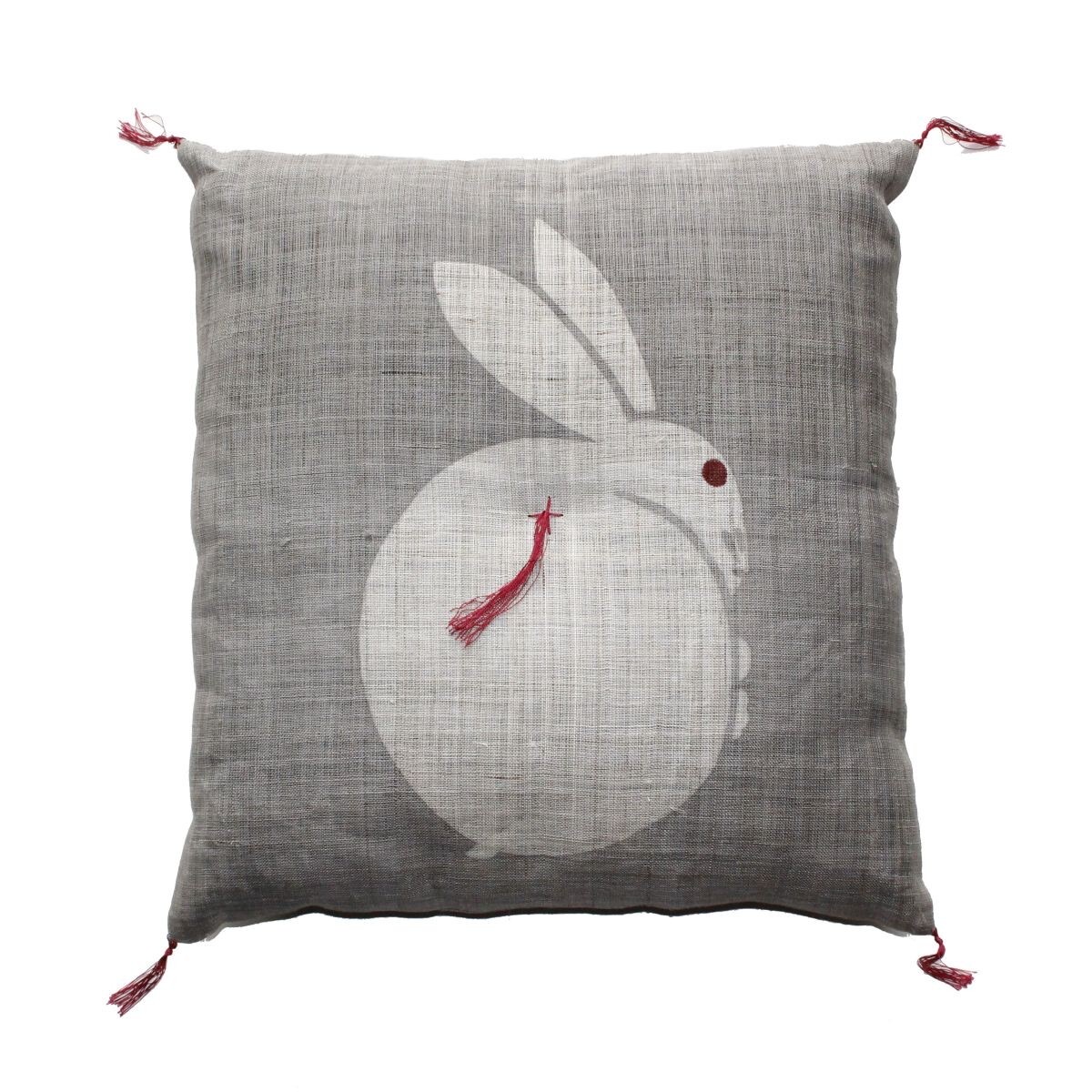 Japanese Linen Tea Cushion (Zabuton), Rabbit Motif, Pine-Soot Charcoal, 16.5 x 17.7 in, Hand-Dyed, Made in Japan — view 2