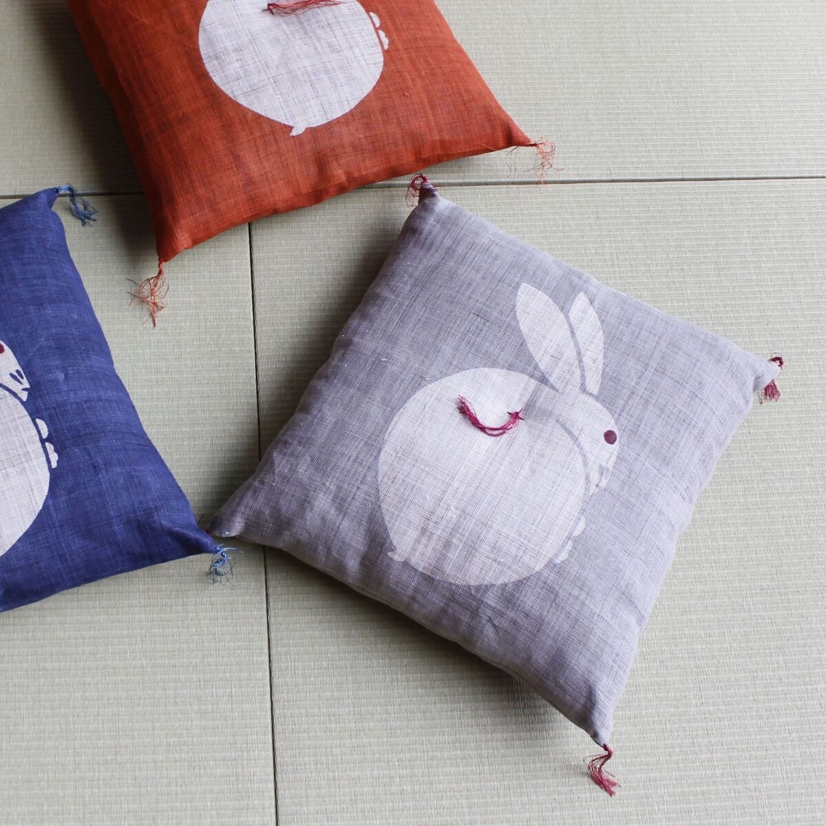 Japanese Linen Tea Cushion (Zabuton), Rabbit Motif, Pine-Soot Charcoal, 16.5 x 17.7 in, Hand-Dyed, Made in Japan — view 9
