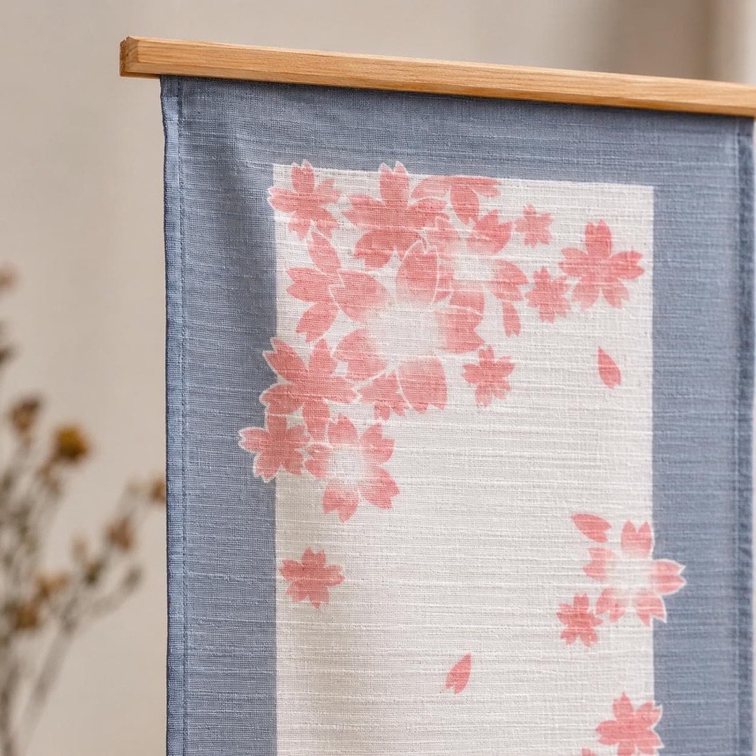 Japanese Linen Wall Hanging, Hand Painted Sakura Petals, Blue Gray Textile Art — view 10