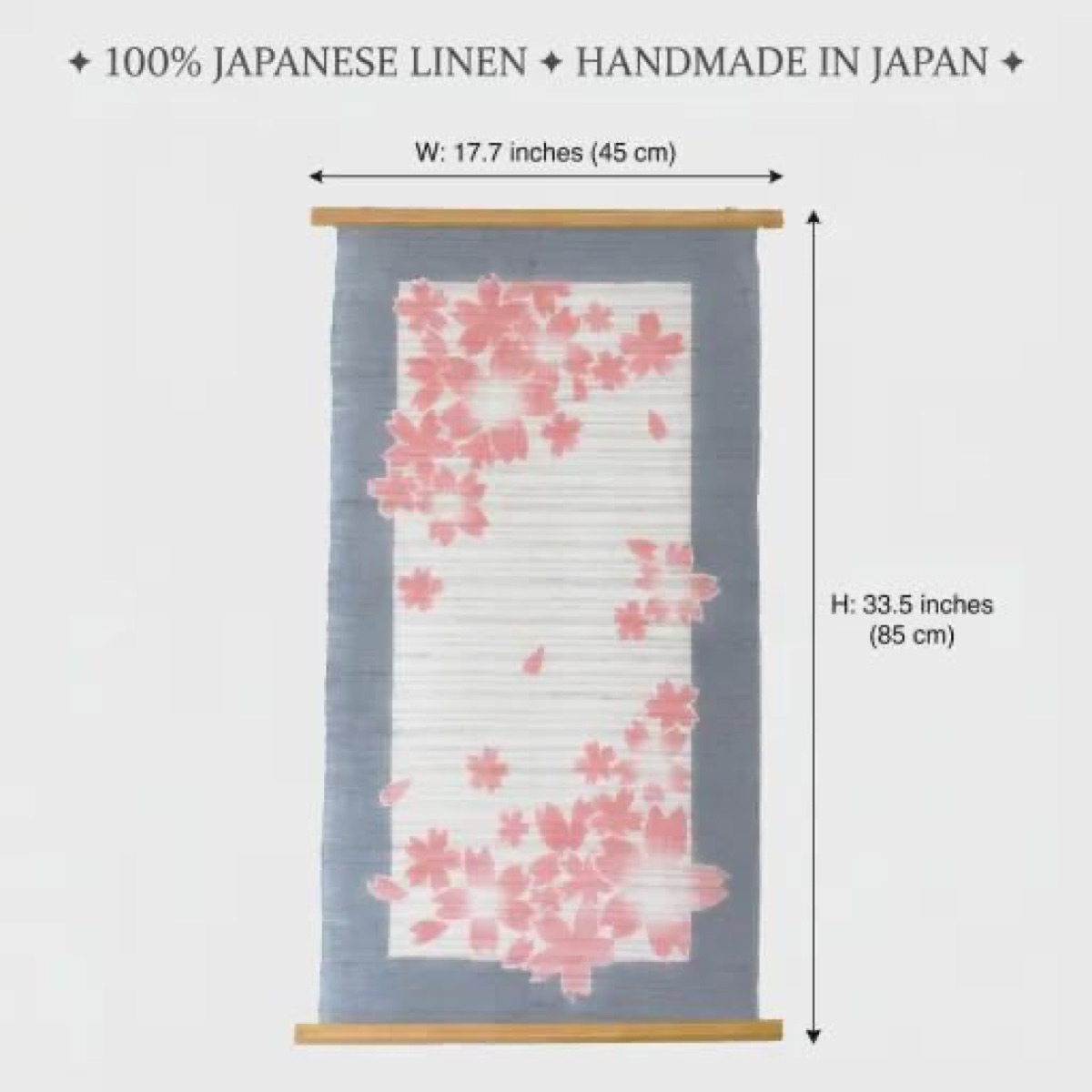 Japanese Linen Wall Hanging, Hand Painted Sakura Petals, Blue Gray Textile Art — view 4
