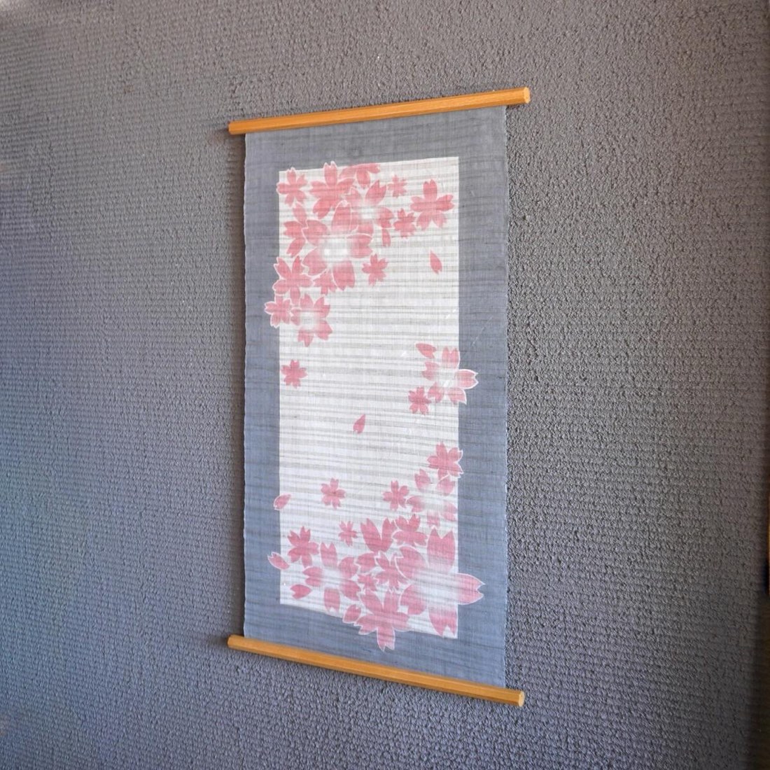 Japanese Linen Wall Hanging, Hand Painted Sakura Petals, Blue Gray Textile Art — view 5