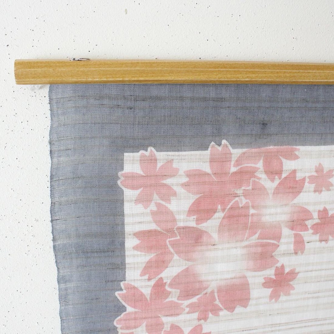 Japanese Linen Wall Hanging, Hand Painted Sakura Petals, Blue Gray Textile Art — view 6